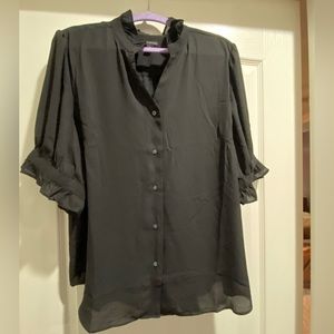 Ann Taylor black short sleeve ruffle button up blouse